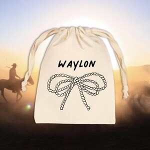 Bolsa con cordón y lazo de cuerda personalizada: Kit de recuerdo para fiesta del Oeste imagen 1