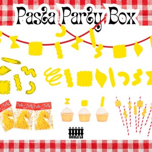 May include: A white background with a red and white checkered border features a "Pasta Party Box" banner. The image includes yellow pasta shapes, packaged pasta, cupcakes, and decorative straws, perfect for a pasta-themed party.