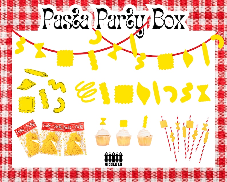 May include: A white background with a red and white checkered border features a "Pasta Party Box" banner. The image includes yellow pasta shapes, packaged pasta, cupcakes, and decorative straws, perfect for a pasta-themed party.