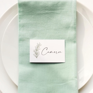 May include: A place setting featuring a white plate, a light green napkin, and a place card. The place card has the name "Cameron" in elegant script, accompanied by a sprig illustration. The setting is simple and elegant.