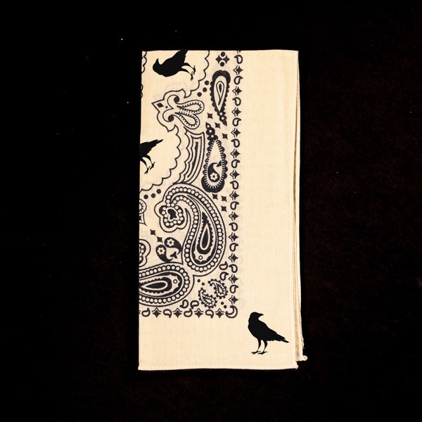 Crow Raven Printed Cream and Black Bandana-Cream and black bandana- Black Crow- Retro Bandana-Accessories-Gifts for friends-Unique Gifts