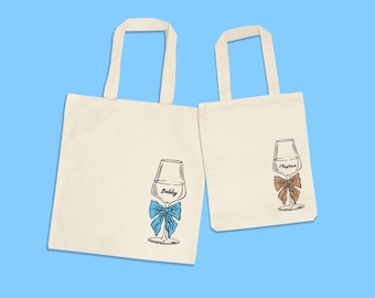 Bolsa de regalo personalizada con lazo para champán, copas de cóctel, martini y vino para despedida de soltera.