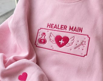 Embroidered Healer Main Crewneck, Cozy Gaming Sweater, RPG Inspired Pullover