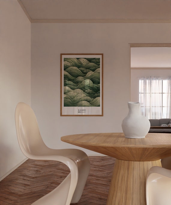 Sage Green Ocean Waves Art Print: Japandi Wabi Sabi Decor (digital