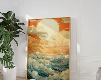 Peut inclure: Une impression d'art numérique représentant une mer orageuse au coucher du soleil stylisé. Le soleil est un grand cercle lumineux avec une auréole jaune, et les nuages sont un mélange de blanc et d'orange. Les vagues sont bleues et vertes, et elles se brisent les unes contre les autres.