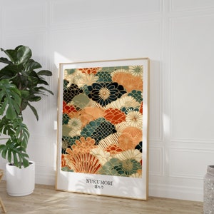 Impressão de pôster de arte de parede Japandi, arte japonesa floral azul laranja - calor Wabi Sabi - padrão de azulejo vintage - download de decoração Japandi
