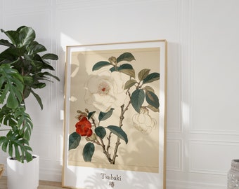 Japandi Camellia Flower Print: Beige Japanese Wall Art (Digital Download)