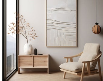 May include: A light wood console table with two drawers and a white vase with dried branches. A white textured abstract painting hangs on the wall above the table. A beige armchair with a light wood frame sits in the corner of the room.