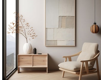 May include: A neutral-toned abstract painting in a light wooden frame hangs above a wooden armchair. A wooden cabinet with a white vase and black decor sits nearby. A large window offers a view of a mountain.