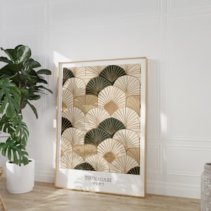 Japandi Wall Art Poster Print, Beige Moss Green Japanese Artwork - Wabi Sabi Connection - Modern Tile Pattern - Japandi Decor Download
