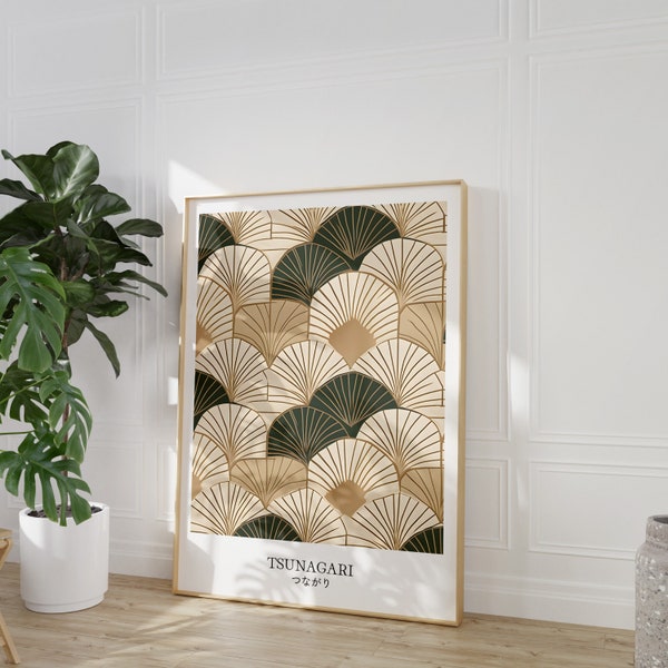Lámina artística japonesa: Patrón de azulejos beige y verde musgo (descarga digital)