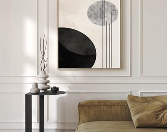 Japandi Moon Art Print: Black & White Abstract, Zen Decor (Digital Download)