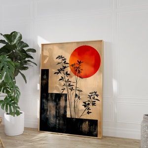 Japandi Wall Art Print - Black Orange Sun Vintage Japanese Artwork - Wabi Sabi - Abstract - Japandi Decor Digital Download