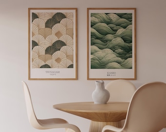 Set di stampe artistiche Japandi: onde dell'oceano verde salvia, piastrelle moderne (download digitale)