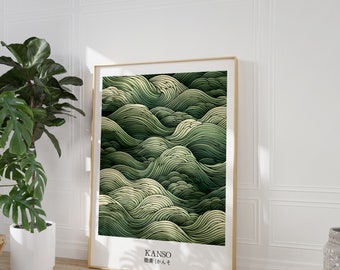 Japandi Wall Art Poster Print, Sage Green Ocean Waves Japanese Artwork - Wabi Sabi Simplicity - Modern Tile Pattern - Japandi Decor Download