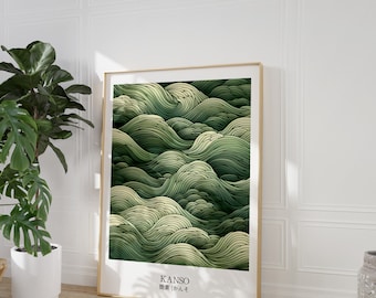 Sage Green Ocean Waves Art Print: Japandi Wabi Sabi Decor (Digital Download)
