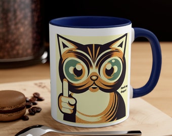11oz Mug with big eyed midcentury modern kitten that says &quot;Smell my finger&quot;