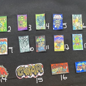 May include: A collection of 17 GWAR band patches, featuring various band logos and illustrations. The patches are numbered 1 through 17, and are arranged in a grid on a black background.