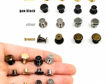 May include: Assortment of metal rivets in golden, gun black, silver, and bronze finishes. The image shows various rivet styles, including dome-shaped and flat-topped designs, with screw-back and post-back options. The word "golden", "gun black", "silver", and "bronze" are written above the rivets.