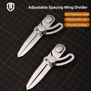 May include: Two shiny, silver adjustable spacing wing dividers. The text on the image reads "Adjustable Spacing Wing Divider", "304 Stainless Steel", "Strong Anti-rust", and "Smooth Surface". The tools have a pointed end and a curved arm.