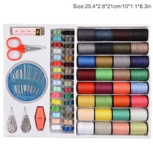May include: A sewing kit with a variety of colorful thread spools, needles, scissors, and a measuring tape. The kit includes a range of thread colors and sewing tools, all neatly organized in a white box. The box measures 10 inches long, 8.3 inches wide, and 1.1 inches deep.