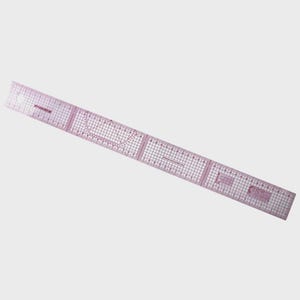 May include: A clear, pink plastic sewing ruler with various markings for pattern making. The ruler features a grid pattern, curved lines, and measurement indicators in inches. It is designed for accurate fabric measurements and cutting.
