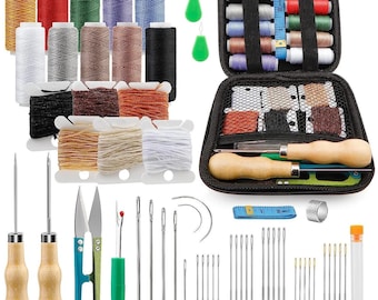 May include: A complete sewing kit with a variety of coloured thread spools, needles, scissors, and other essential tools. The kit includes a black zippered case, various thread colours, and a selection of sewing accessories for crafting and repairs.