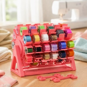 May include: A pink plastic rotating thread spool rack holding multiple metal bobbins with various colored threads including blue, yellow, white, green, black, and purple. The rack features a circular design on a stand with two separate pieces.