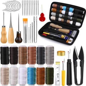 May include: A comprehensive sewing kit featuring various tools and supplies. Includes spools of thread in multiple colors, needles, awls, scissors, a thimble, a seam ripper, and a measuring tape. The kit is ideal for sewing and crafting projects.