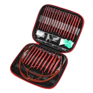 May include: A red zippered case containing a complete set of knitting needles. The case is open, revealing various sizes of red needles, circular needles, and accessories. The needles are neatly organized, ready for use in a variety of knitting projects.