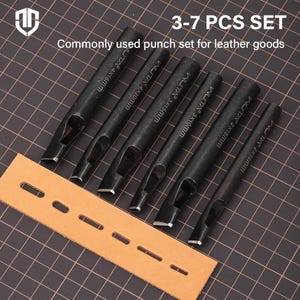 May include: A collection of black leathercraft punches with angled cutting edges, displayed at an angle. The set includes punches of different sizes, with the text "WUTA" and measurements in millimeters on each tool. A piece of tan leather with punched holes is also present. The text "3-7 PCS SET" and "Commonly used punch set for leather goods" is also visible.