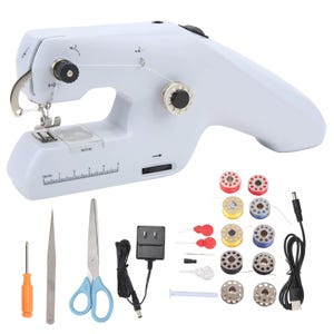 May include: A white handheld sewing machine featuring a 5 cm ruler printed on the base, accompanied by a set of accessories including a screwdriver, tweezers, scissors, a power adapter, a USB cable, and ten colourful metal bobbins.