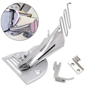 May include: A silver metal sewing machine attachment set including a double fold bias binder foot, a feed dog, and a presser foot. The binder features a coiled wire guide for fabric strips, shown in an inset circle attached to a sewing machine.