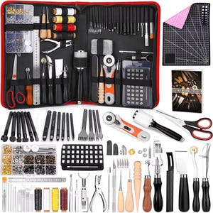 May include: A comprehensive leather crafting tool kit featuring a black zippered case containing various metal punches, needles, spools of thread, a ruler, scissors, a rotary cutter, a mallet, and a cutting mat with a printed instructional booklet.