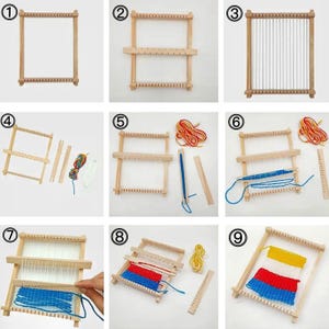 May include: A wooden weaving loom kit with various components, including a frame, shuttle, and yarn in multiple colors. The kit is shown in different stages of use, demonstrating the weaving process. The loom is approximately 6 inches wide and 6 inches tall.