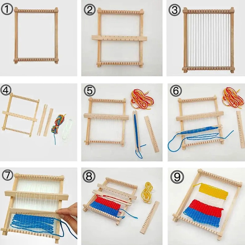 May include: A wooden weaving loom kit with various components, including a frame, shuttle, and yarn in multiple colors. The kit is shown in different stages of use, demonstrating the weaving process. The loom is approximately 6 inches wide and 6 inches tall.