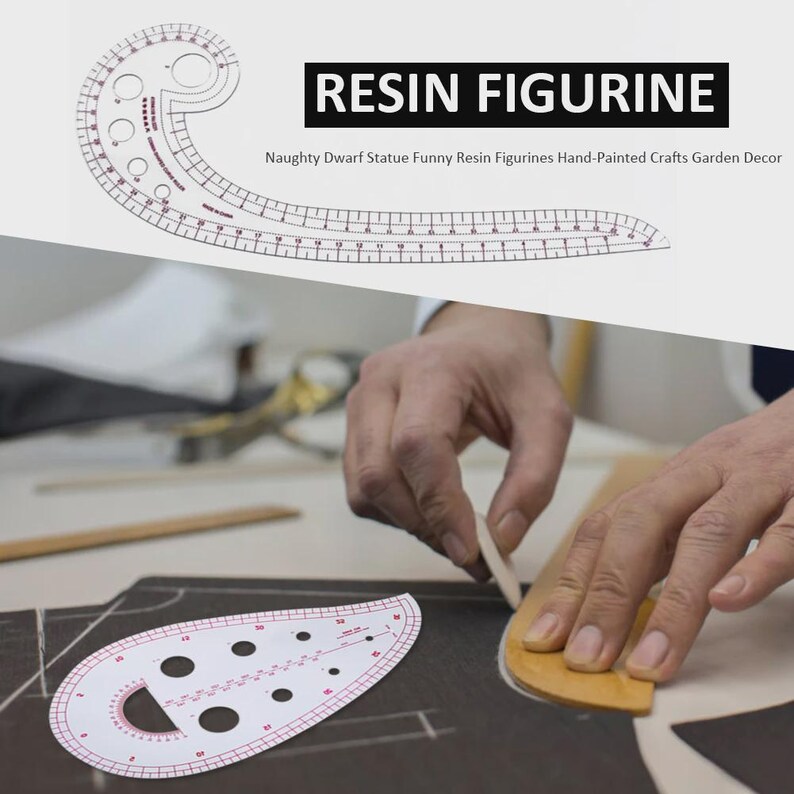 May include: A clear plastic pattern ruler with red markings and a curved shape, used for sewing and design. The text "RESIN FIGURINE" is displayed above the ruler. The image also shows hands using a pattern ruler and chalk on fabric.