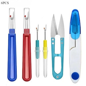 May include: A collection of six sewing tools, including seam rippers and scissors. The seam rippers have blue, red, teal, and yellow handles. The scissors are teal, and the thread cutter is white and blue. The text "6PCS" is in the upper left corner.