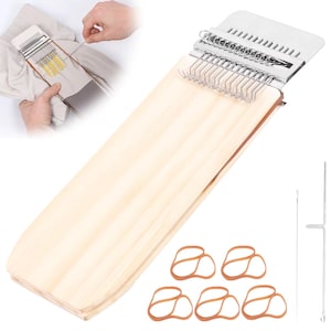 May include: A wooden weaving loom with a metal top and a set of orange rubber bands. The loom is shown in use, with a piece of fabric being woven. Also included are two metal tools.