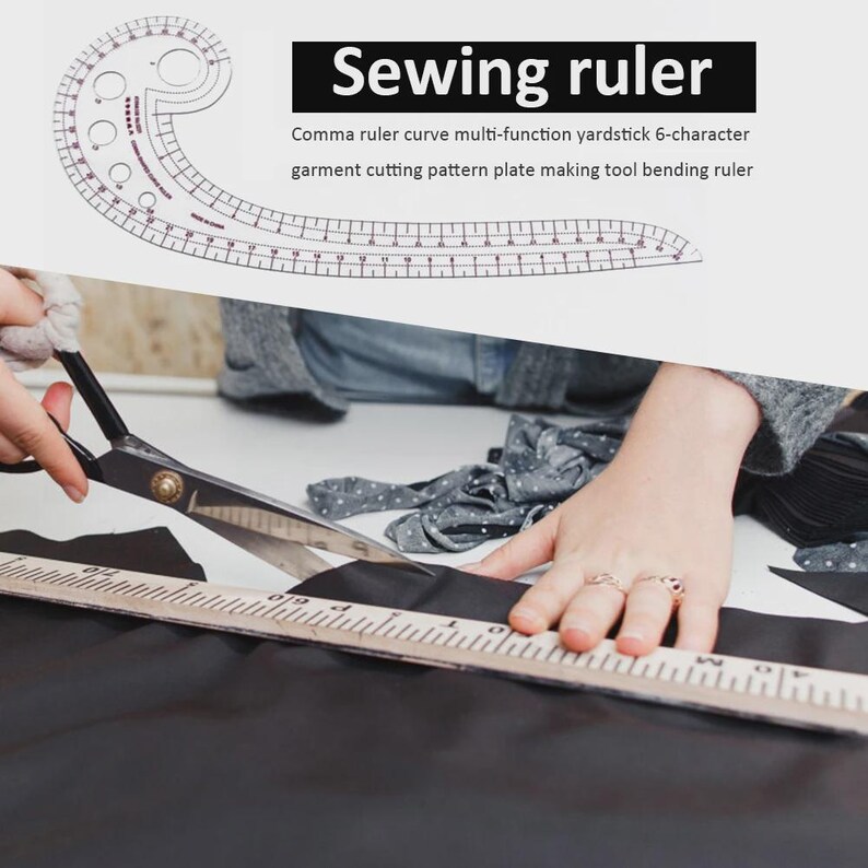 May include: A clear plastic sewing ruler with curved and straight edges, marked with inch measurements. The image also shows a tailor using scissors and a wooden ruler to cut fabric. The text on the image says "Sewing ruler".