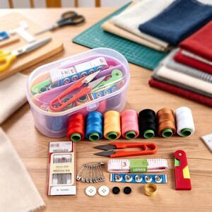 May include: A sewing kit containing a clear plastic storage box filled with colorful thread spools, a measuring tape, and orange snips. Additional items include a pack of needles, safety pins, white and black buttons, a metal thimble, and snaps.