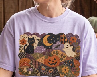 Vintage Halloween Shirt, Comfort Colors Tee, Patchwork Halloween Tee, Quilted Fall Shirt, Folk Art Halloween, Black Cat Ghost Pumpkin Shirt