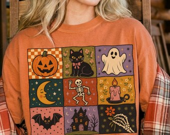 Retro Halloween Shirt, Halloween Faux Patchwork Graphic Tee, Spooky Season Shirt, Vintage Halloween Comfort Colors Tee, Cute Halloween Shirt