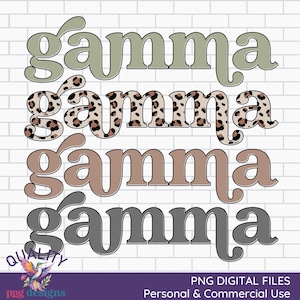 Könnte beinhalten: Vier "Gamma" Textdesigns in verschiedenen Farben und Mustern. Die Designs umfassen eine grüne, leopardenmuster, braune und graue Version des Wortes "Gamma". Das Bild enthält auch den Text "PNG DIGITAL FILES" und "Personal & Commercial Use".