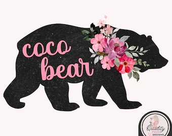 Coco Bear PNG, Coco Bear Digital Download, Vintage Watercolor Floral Image, Commercial Use POD DTG Sublimation File, Mothers Day Design