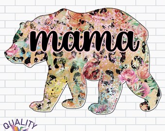 Mama Bear PNG / Mama Bear Download digitale / Stampa leopardata floreale ad acquerello / Uso commerciale / File di sublimazione DTG / Design per la festa della mamma