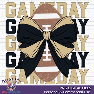 Game Day PNG | Football Sublimation | Commercial Use Print on Demand | Coquette Bow | Team Designs | Sports Design | Gold and Black Clipart