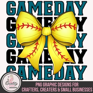 May include: A yellow softball bow with red stitching, set against a white background. The word "GAMEDAY" is displayed in teal and black. The image also includes the text "PNG GRAPHIC DESIGNS FOR CRAFTERS, CREATERS & SMALL BUSINESSES."