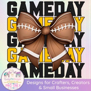 Football Sublimation, Game Day PNG, Commercial Use Print on Demand, Coquette Bow, Team Sports Design, Black and Yellow Gold Clipart