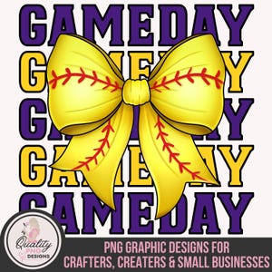 Softball Sublimation, Game Day PNG, Commercial Use Print on Demand, Coquette Bow, Team Sports Design, Purple and Gold Clipart